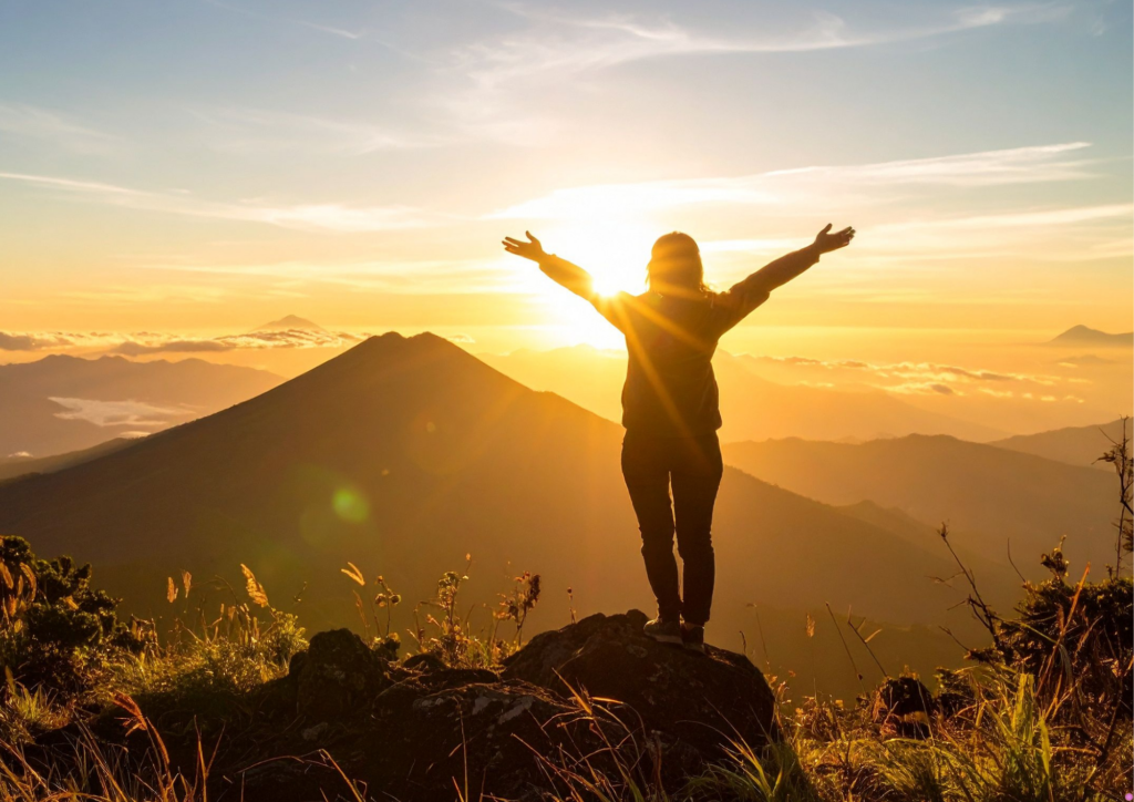 Frau auf Berggipfel schaut zur Sonne und hat ihr Trauma bewältigt